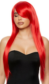 Long red costume wig, straight with side swept bangs.