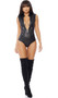 Wet look sleeveless perforated bodysuit with mock neck, zipper front and faux pocket moto zipper details.