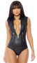 Wet look sleeveless perforated bodysuit with mock neck, zipper front and faux pocket moto zipper details.