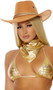 Faux suede cowboy costume hat features a rope band detail, gold vents on each side, and attached adjustable rope chin strap.