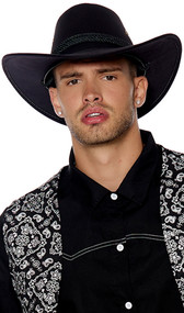 Faux suede cowboy costume hat features a rope band detail, gold vents on each side, and attached adjustable rope chin strap.
