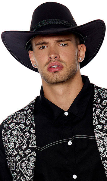 Faux suede cowboy costume hat features a rope band detail, gold vents on each side, and attached adjustable rope chin strap.