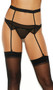 Two tier strappy garter belt features an elastic waist top tier and a sheer mesh bottom tier, with double hook and eye closures and adjustable garter straps.