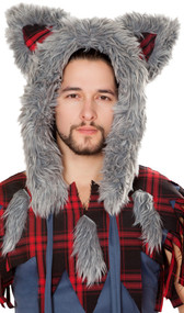 Wolf hood with faux fur trim, red plaid detail on ears and plain fabric lining.