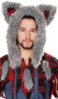 Wolf hood with faux fur trim, red plaid detail on ears and plain fabric lining.