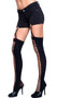 Garter clip thigh highs with faux lace up detail over cut out front. Plain back.