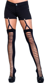 Garter clip thigh highs with faux lace up detail over cut out front. Plain back.