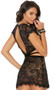 Eyelash lace chemise with short cap sleeves, plunging V neckline, cut out sides with strappy detail, and open back with hook closure on neck.