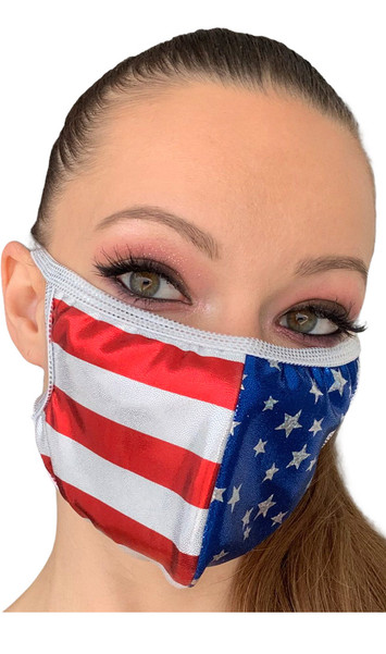 Metallic American flag print face mask with elastic straps that go around the back of the head to avoid discomfort to your ears. Straps do not tie, you just pull the mask down over your head for a snug fit. Double layered, the inside is cloth lined. Made in the USA.