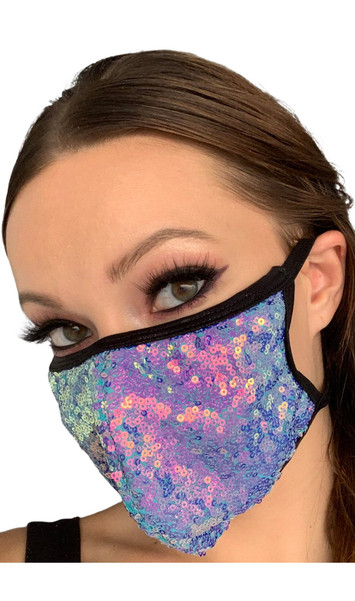 Iridescent sequin face mask with metallic straps. Elastic straps go around the back of the head to avoid discomfort to your ears. Straps do not tie, you just pull the mask down over your head for a snug fit. Double layered, the inside is cloth lined. Made in the USA.