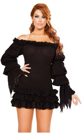 Ruffled off the shoulder mini dress with long, puffy sleeves, tattered wrists, and layered skirt.