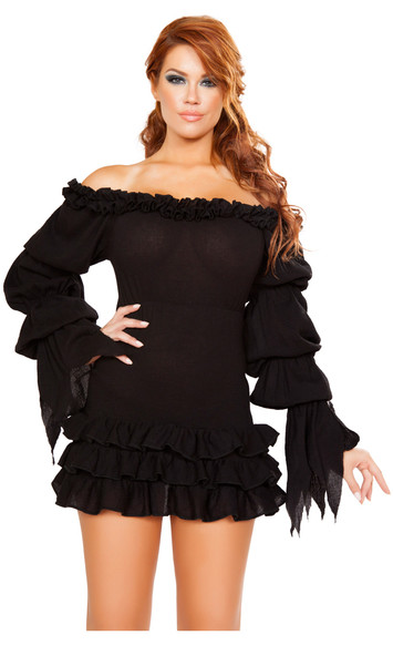 Ruffled off the shoulder mini dress with long, puffy sleeves, tattered wrists, and layered skirt.