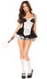 Maid costume includes sleeveless bustier top with wide shoulder straps, ruffle trim, and sheer lace front panel with attached mini apron. Matching shorts with ruffle trim and mini skirt with contrast white trim also included, petticoat sold separately. Feather duster completes the outfit. Four piece set.