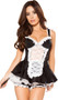 Maid costume includes sleeveless bustier top with wide shoulder straps, ruffle trim, and sheer lace front panel with attached mini apron. Matching shorts with ruffle trim and mini skirt with contrast white trim also included, petticoat sold separately. Feather duster completes the outfit. Four piece set.