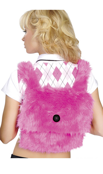 Faux fur mini backpack with fuzzy non-adjustable shoulder straps and large decorative button on top flap, does not actually fasten. Main compartment measures about 10 inches by 10 inches, no pockets or zippers. Inside is cloth lined.