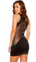 Sleeveless mini dress with keyhole front, and cutout sheer mesh panels decorated in glitter and sequins. Pull on style.