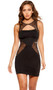 Sleeveless mini dress with keyhole front, and cutout sheer mesh panels decorated in glitter and sequins. Pull on style.