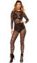 Long sleeve sheer mesh catsuit with glitter and sequin design, and large keyhole back with clasp closure on neck.