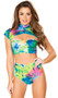Rainbow tie dye crop top with cut out front, mock neck with back hook and loop closure, and short cap sleeves.