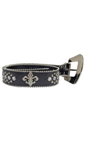 Rhinestone studded belt with large buckle, ball chain trim and Fleur de Lis symbol.