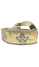 Rhinestone studded belt with large buckle, ball chain trim and Fleur de Lis symbol.
