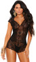 Sheer dotted mesh and lace romper with deep V neckline, scalloped trim, cap sleeves and cheeky cut back.