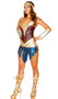 American Heroine costume includes strapless metallic corset with lace up back, shorts, belt with asymmetrical panels and back closure, and headband. Four piece set.