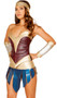 American Heroine costume includes strapless metallic corset with lace up back, shorts, belt with asymmetrical panels and back closure, and headband. Four piece set.
