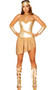 Golden Goddess Warrior costume includes strapless metallic romper with attached asymmetrical faux suede fringe skirt, holster belt with hook and loop closure, and headband. Three piece set.