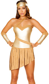 Golden Goddess Warrior costume includes strapless metallic romper with attached asymmetrical faux suede fringe skirt, holster belt with hook and loop closure, and headband. Three piece set.