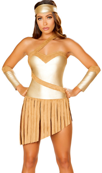 Golden Goddess Warrior costume includes strapless metallic romper with attached asymmetrical faux suede fringe skirt, holster belt with hook and loop closure, and headband. Three piece set.