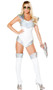 Space Soldier costume includes sleeveless romper with metallic trim, back zipper closure, and shoulder and hip pads. One piece set.