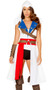Assassin's Protector costume includes sleeveless asymmetrical overcoat with hood and attached sash, holster with buckle, arm band, shorts and top. Five piece set.