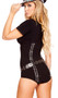 Lusty Law Enforcer Cop costume includes rhinestone studded short sleeve romper with deep V neckline, collar, and zipper front closure. Grommet belt and police badge also included. Three piece set.