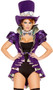 Mad as a Hatter deluxe costume includes short sleeve jacket with puffed embossed sleeves, pleated detail, satin trim, high collar, coat tails, and front hook closure. Romper, pocket watch print bow tie and matching top hat also included. Four piece set.