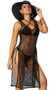 Crochet swim cover up dress with wide shoulder straps, high side slits, and sheer wide fishnet design.