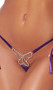 Metallic lamé bikini top with adjustable micro triangle cups, halter neck and tie back. Side tie G-string with rhinestone butterfly jewel accent included. Two piece set.