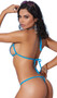 Strappy monokini with micro rainbow cups, o ring accents, turquoise blue trim, halter neck, tie back, and thong cut back.