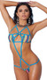 Strappy monokini with micro rainbow cups, o ring accents, turquoise blue trim, halter neck, tie back, and thong cut back.