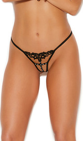Stretch Lycra G-String with embroidered floral applique and open front with rhinestone studded straps.
