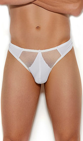 Men's stretch Lycra thong with front sheer fishnet panels and cheeky cut back.