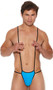 Men's suspender pouch with contrast trim, hip straps with thong back, and Y back shoulder straps.