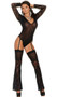 Long sleeve teddy with V neckline, floral lace sleeves, adjustable garters, and cheeky cut back.