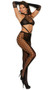 Sleeveless bodystocking featuring crochet circular cut outs, open midsection with strappy design, and halter neck. Matching elbow length gloves included. Two piece set. Faux crop top and leggings design.