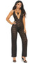 Sleeveless semi-sheer lace jumpsuit with plunging V neckline and adjustable shoulder straps.