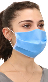 Three ply nonwoven Polypropylene face mask with elastic straps that go behind the ears.