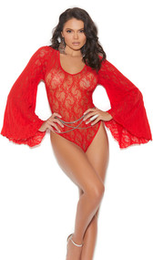 Long sleeve sheer lace teddy with deep v neckline, flared bell sleeves, large keyhole back with clasp neck closure, and thong cut.