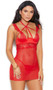 Sleeveless sheer mesh babydoll with underwire demi cups, strappy details leading to o ring accent and choker neckline, eyelash lace underbust connecting over peekaboo cups to ruffles on adjustable shoulder straps, and keyhole back with hook and eye closure. Matching G-string included. Two piece set.