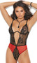Lace and contrast mesh mono wire teddy with plunging  V neckline, adjustable shoulder straps, double keyhole back with hook and eye closure, and thong cut.