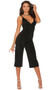 Sleeveless stretch Lycra jumpsuit with deep V neckline, double adjustable shoulder straps, over the knee length legs, and back zipper closure.
